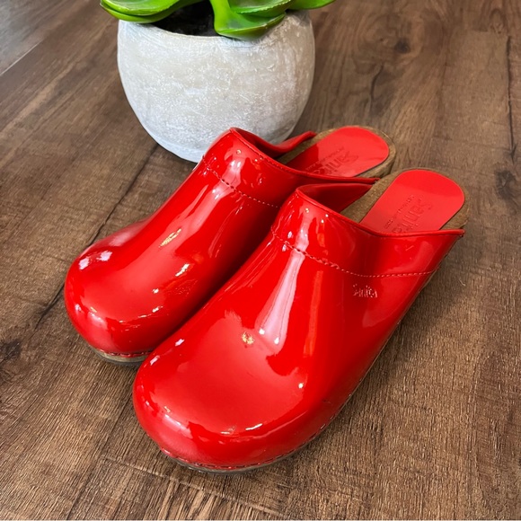sanita red patent clogs